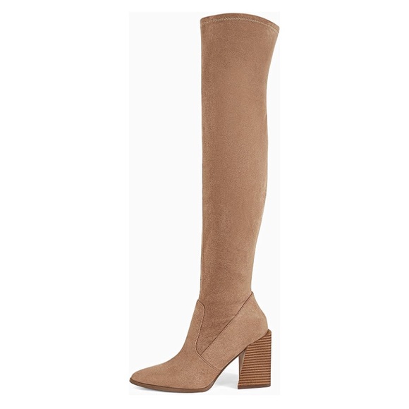 Thigh High Boots Chunky Heels Stretch Over the Knee Pointed Toe Light Brown - Picture 2 of 3